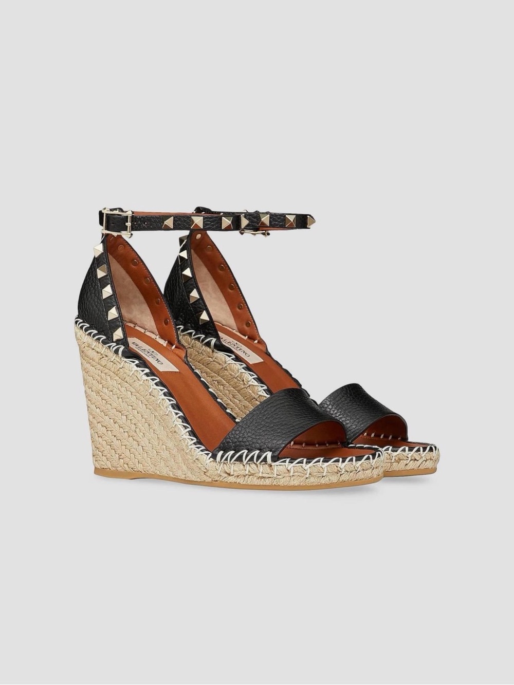 Valentino Black Leather Rockstud Espadrille Wedge Sandals